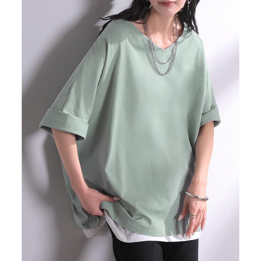 Tシャツ 汗ジミ軽減 綿100 レディース トップス カットソー ティーシャツ チュニック Vネック コットン 汗染み防止 吸水 撥水 脇汗 汗 背中 猛暑 ロールアップ | HUG.U | 10