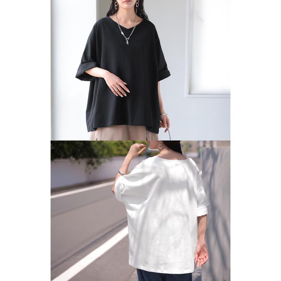 Tシャツ 汗ジミ軽減 綿100 レディース トップス カットソー ティーシャツ チュニック Vネック コットン 汗染み防止 吸水 撥水 脇汗 汗 背中 猛暑 ロールアップ | HUG.U | 11