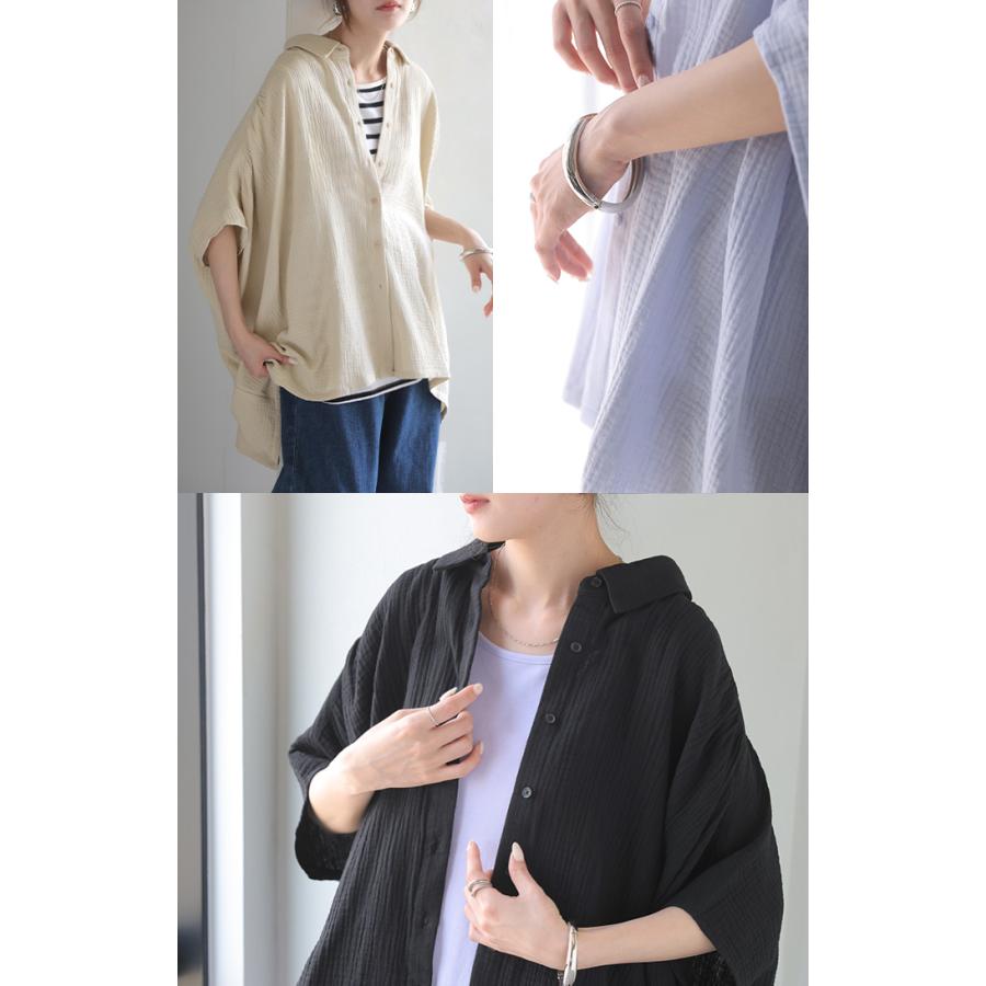 シャツ わたあめシャツ 綿100 レディース トップス 半袖シャツ ブラウス ロング ダブルガーゼ ロングシャツ チュニック カットソー | HUG.U | 23