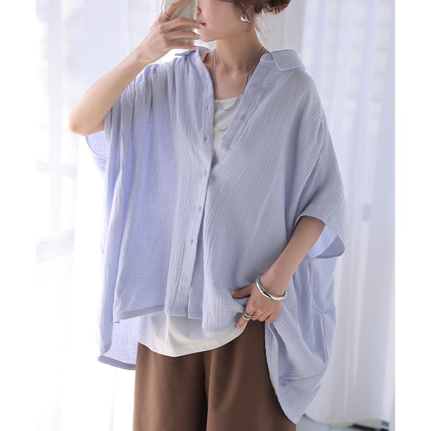 シャツ わたあめシャツ 綿100 レディース トップス 半袖シャツ ブラウス ロング ダブルガーゼ ロングシャツ チュニック カットソー | HUG.U | 09