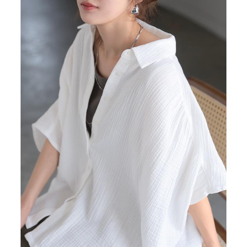 シャツ わたあめシャツ 綿100 レディース トップス 半袖シャツ ブラウス ロング ダブルガーゼ ロングシャツ チュニック カットソー | HUG.U | 13