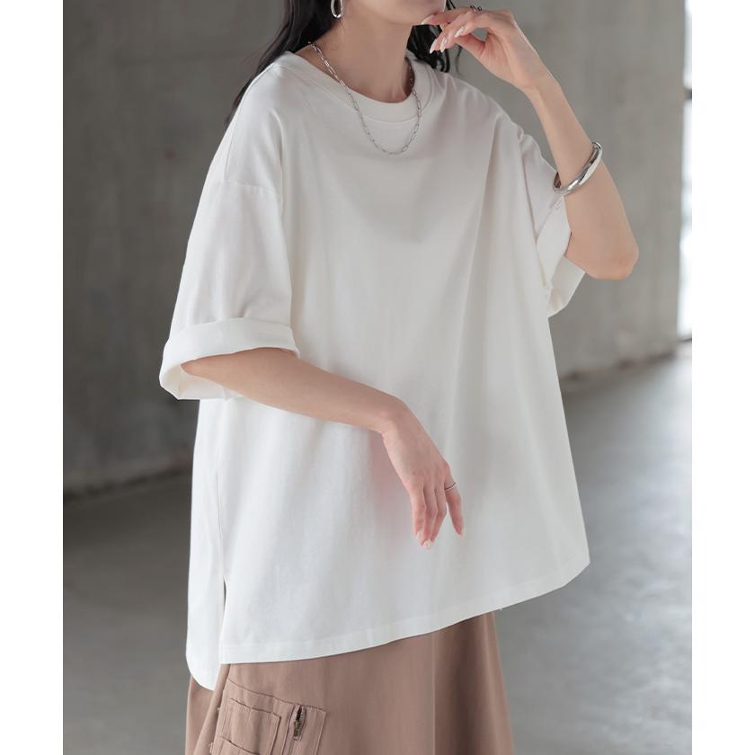Tシャツ 汗ジミ軽減 レディース トップス 半袖 クルーネック ロング チュニック ドルマン カットソー 撥水 吸水 綿100％ コットン 脇汗 | HUG.U | 11