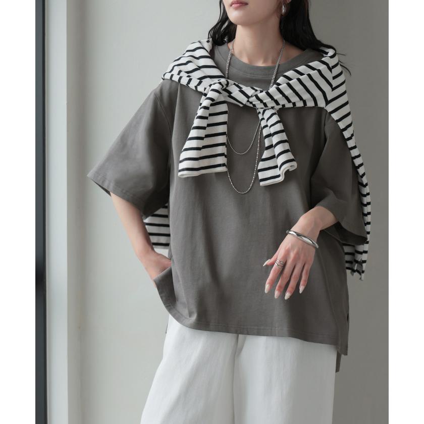 Tシャツ 汗ジミ軽減 レディース トップス 半袖 クルーネック ロング チュニック ドルマン カットソー 撥水 吸水 綿100％ コットン 脇汗 | HUG.U | 15