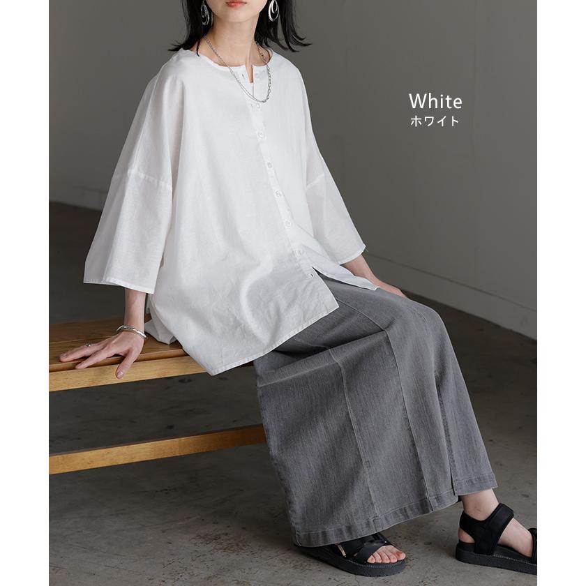 シャツ ブラウス 前後2WAY 綿 麻 レディース トップス ロング マルチウェイ ロングシャツ チュニック ノーカラー リネン コットン 透け | HUG.U | 15