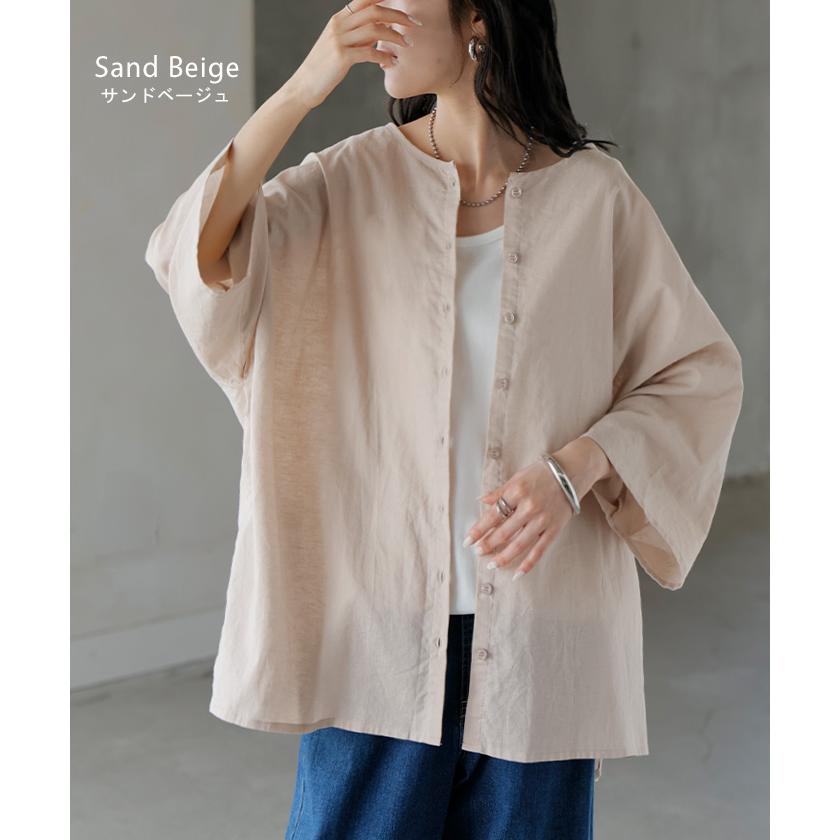 シャツ ブラウス 前後2WAY 綿 麻 レディース トップス ロング マルチウェイ ロングシャツ チュニック ノーカラー リネン コットン 透け | HUG.U | 19