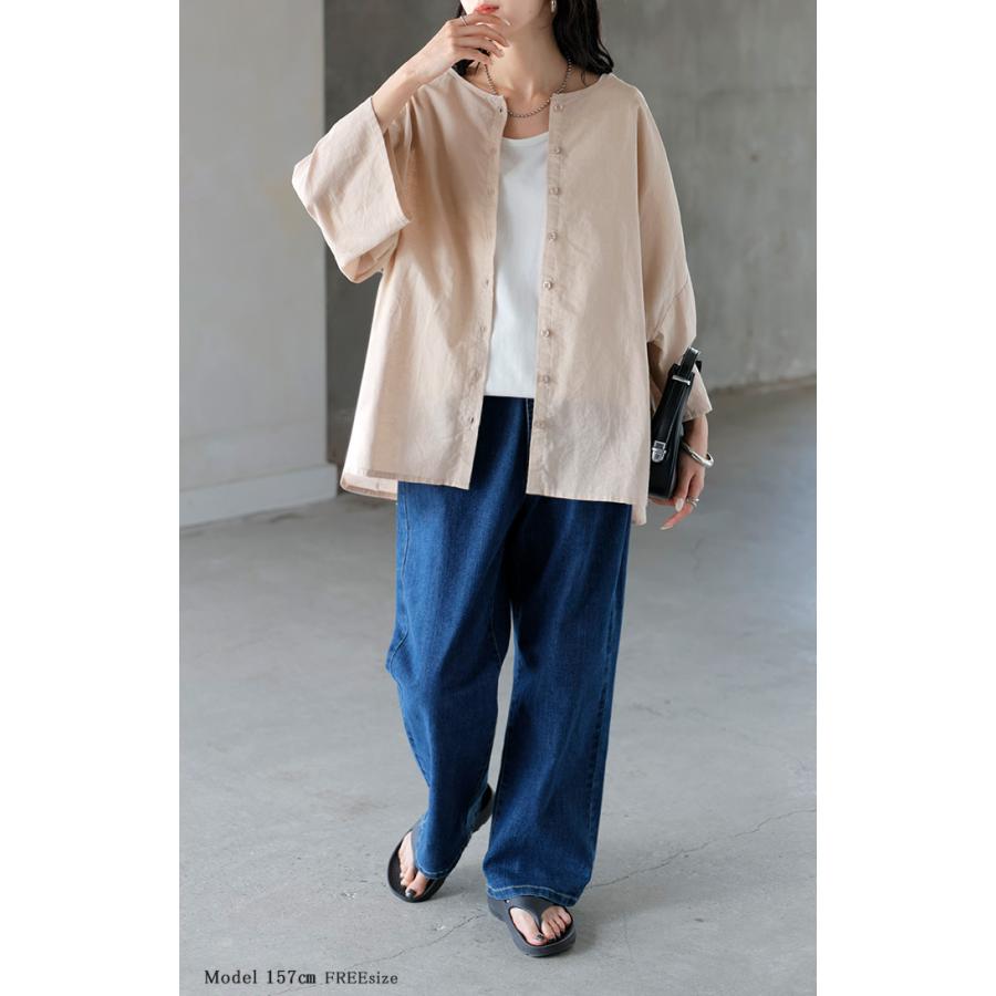 シャツ ブラウス 前後2WAY 綿 麻 レディース トップス ロング マルチウェイ ロングシャツ チュニック ノーカラー リネン コットン 透け | HUG.U | 23