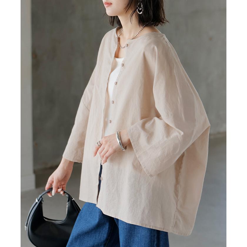 シャツ ブラウス 前後2WAY 綿 麻 レディース トップス ロング マルチウェイ ロングシャツ チュニック ノーカラー リネン コットン 透け | HUG.U | 09