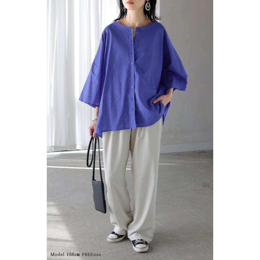 シャツ ブラウス 前後2WAY 綿 麻 レディース トップス ロング マルチウェイ ロングシャツ チュニック ノーカラー リネン コットン 透け | HUG.U | 12
