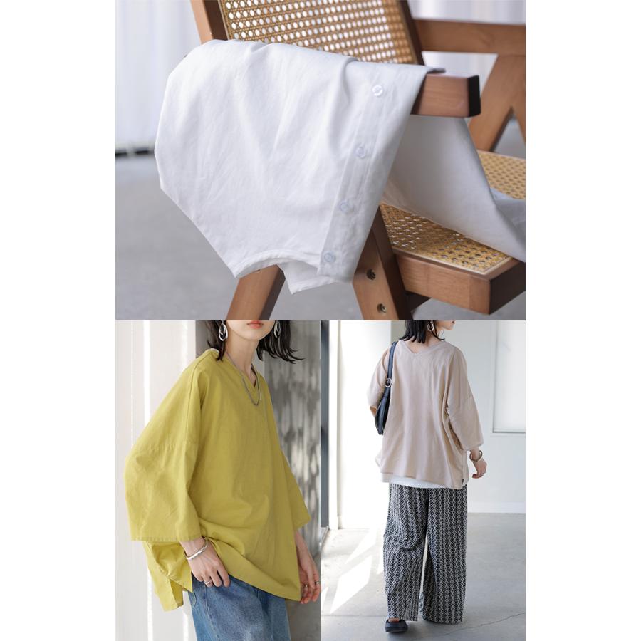 シャツ ブラウス 前後2WAY 綿 麻 レディース トップス ロング マルチウェイ ロングシャツ チュニック ノーカラー リネン コットン 透け | HUG.U | 13