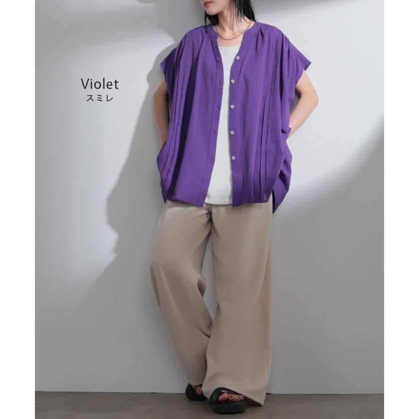シャツ レース スキッパー レディース トップス ロング ブラウス カットソー チュニック ロングシャツ Tシャツ フレンチスリーブ Vネック | HUG.U | 14