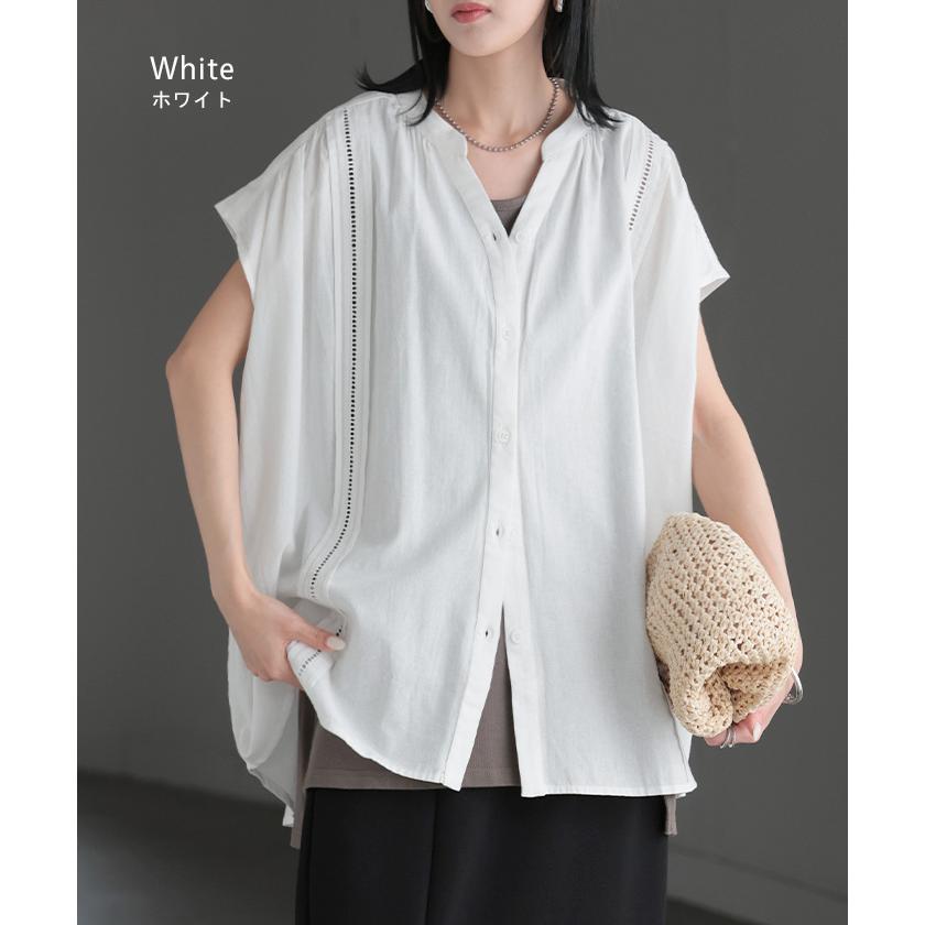 シャツ レース スキッパー レディース トップス ロング ブラウス カットソー チュニック ロングシャツ Tシャツ フレンチスリーブ Vネック | HUG.U | 15