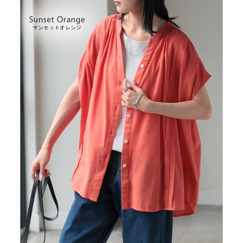 シャツ レース スキッパー レディース トップス ロング ブラウス カットソー チュニック ロングシャツ Tシャツ フレンチスリーブ Vネック | HUG.U | 17
