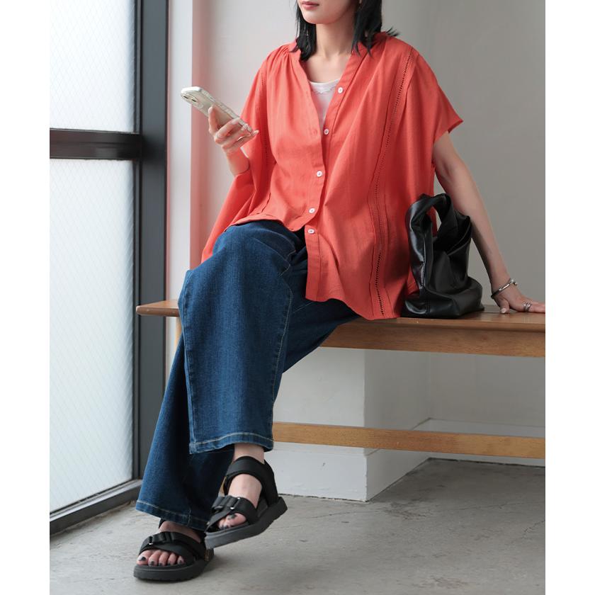 シャツ レース スキッパー レディース トップス ロング ブラウス カットソー チュニック ロングシャツ Tシャツ フレンチスリーブ Vネック | HUG.U | 19