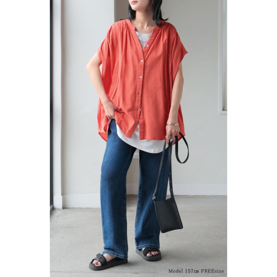 シャツ レース スキッパー レディース トップス ロング ブラウス カットソー チュニック ロングシャツ Tシャツ フレンチスリーブ Vネック | HUG.U | 23