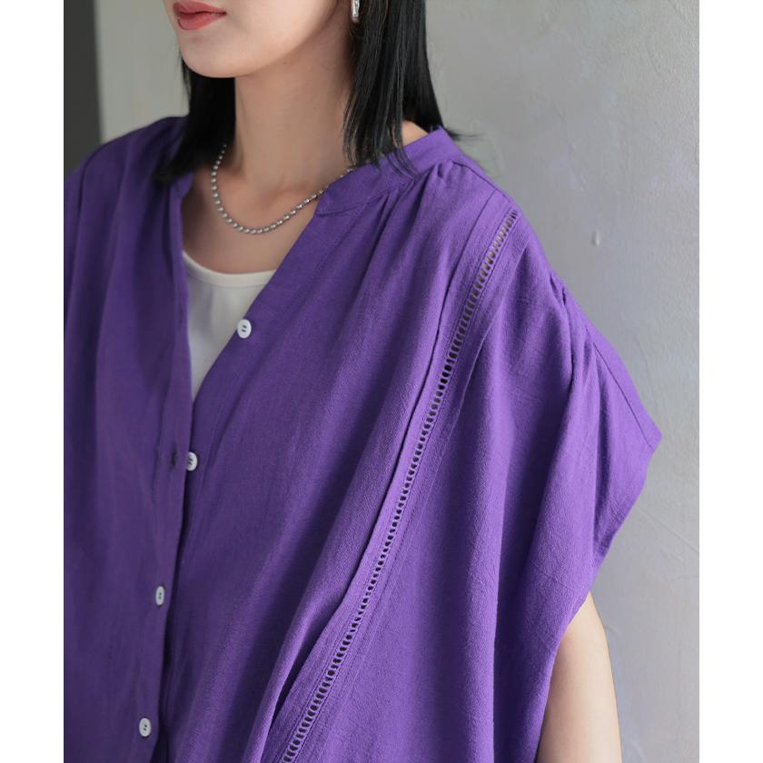 シャツ レース スキッパー レディース トップス ロング ブラウス カットソー チュニック ロングシャツ Tシャツ フレンチスリーブ Vネック | HUG.U | 11