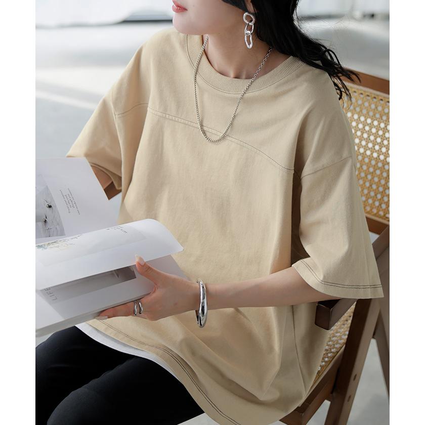 Tシャツ フットボール オーバーサイズ レディース トップス ロング ステッチ カットソー ティーシャツ チュニック ビッグ ユニセックス | HUG.U | 24