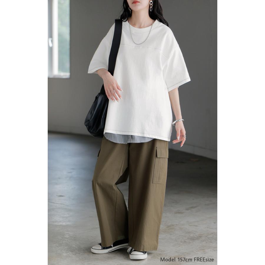 Tシャツ フットボール オーバーサイズ レディース トップス ロング ステッチ カットソー ティーシャツ チュニック ビッグ ユニセックス | HUG.U | 08