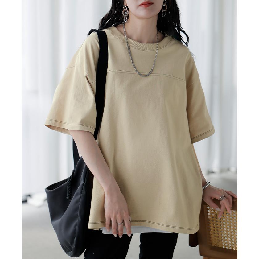 Tシャツ フットボール オーバーサイズ レディース トップス ロング ステッチ カットソー ティーシャツ チュニック ビッグ ユニセックス | HUG.U | 09