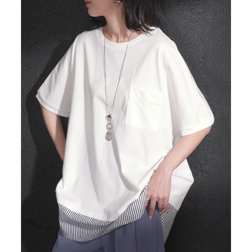Tシャツ 重ね着風 接触冷感 UVカット 抗菌加工 レディース トップス ロング カットソー ティーシャツ チュニック ストライプ クルーネック レイヤード ポケット | HUG.U | 09