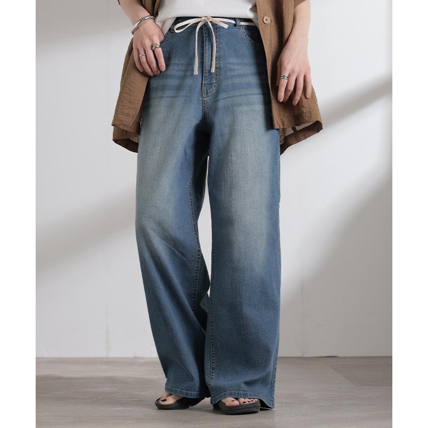 パンツ デニム ストレッチ レディース デニムパンツ ロング ジーンズ ジーパン 薄手 ボトムス ボトム ストレート ズボン ハイウエスト | HUG.U | 06