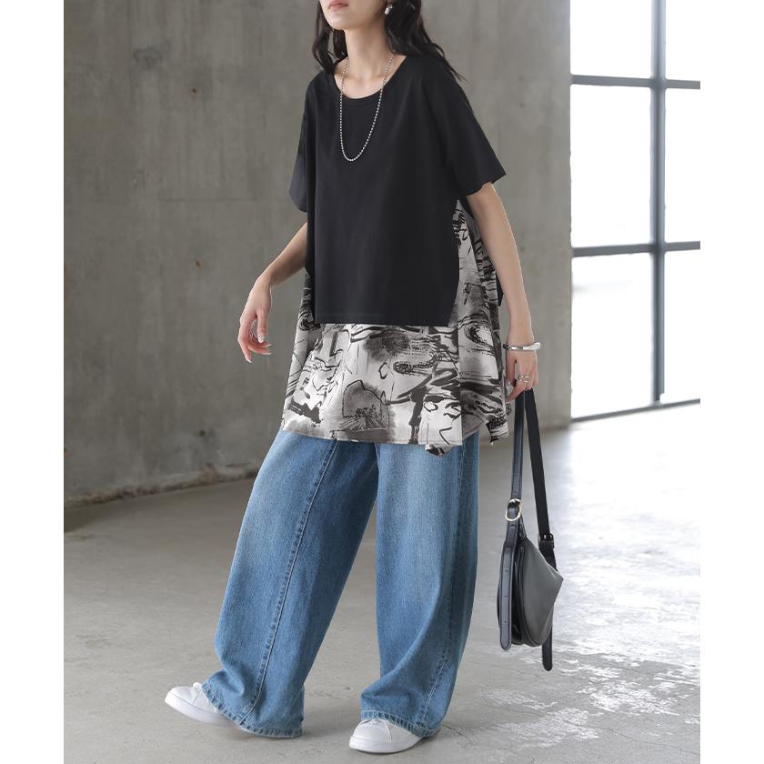 Tシャツ 重ね着風 異素材MIX トップス ブラウス ロング カットソー ドッキング チュニック フレア ビッグ スカーフ 柄 ニュアンス アシンメトリー | HUG.U | 16