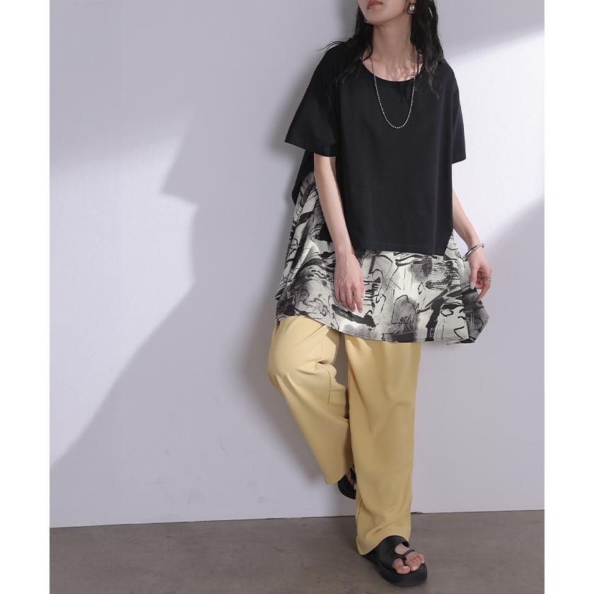 Tシャツ 重ね着風 異素材MIX トップス ブラウス ロング カットソー ドッキング チュニック フレア ビッグ スカーフ 柄 ニュアンス アシンメトリー | HUG.U | 18
