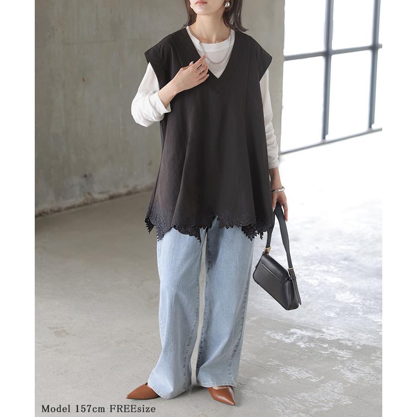 ブラウス 刺繍 レース レディース トップス ベスト ジレ Vネック フレンチスリーブ フレア チュニック フラワー シャツ レイヤード 重ね着 プルオーバー ロング | HUG.U | 08