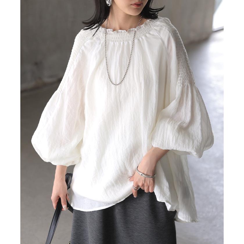 ブラウス シアー シャーリング レディース トップス シャツ ロング チュニック ロングシャツ シースルー ゴム ギャザー ぽわん袖 ボリューム 透け感 長袖 無地 | HUG.U | 07