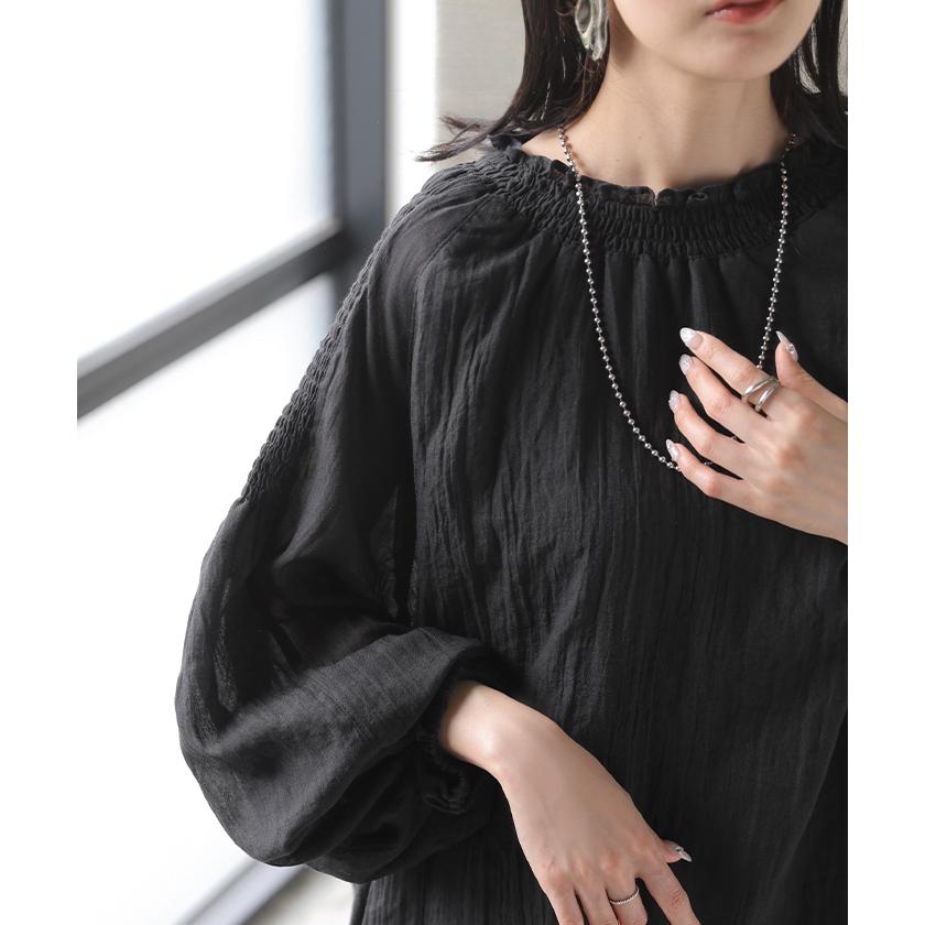ブラウス シアー シャーリング レディース トップス シャツ ロング チュニック ロングシャツ シースルー ゴム ギャザー ぽわん袖 ボリューム 透け感 長袖 無地 | HUG.U | 08