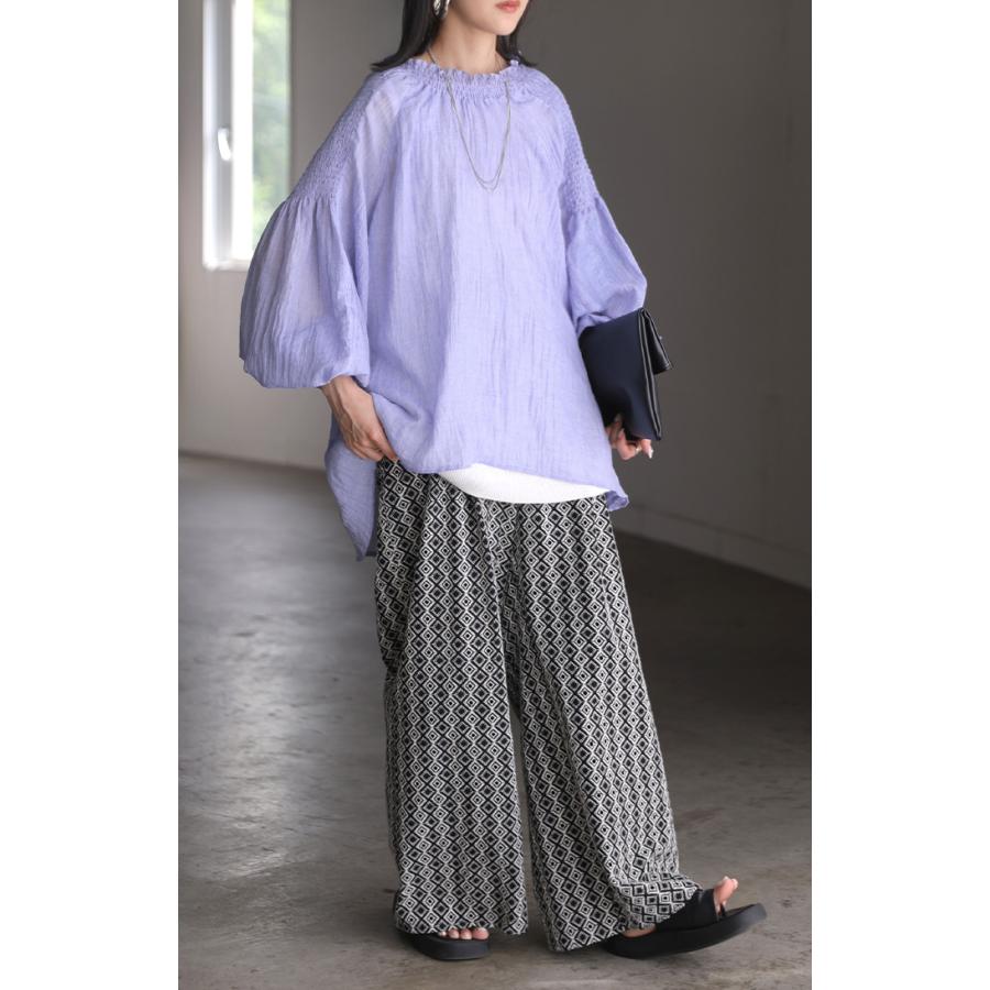 ブラウス シアー シャーリング レディース トップス シャツ ロング チュニック ロングシャツ シースルー ゴム ギャザー ぽわん袖 ボリューム 透け感 長袖 無地 | HUG.U | 11