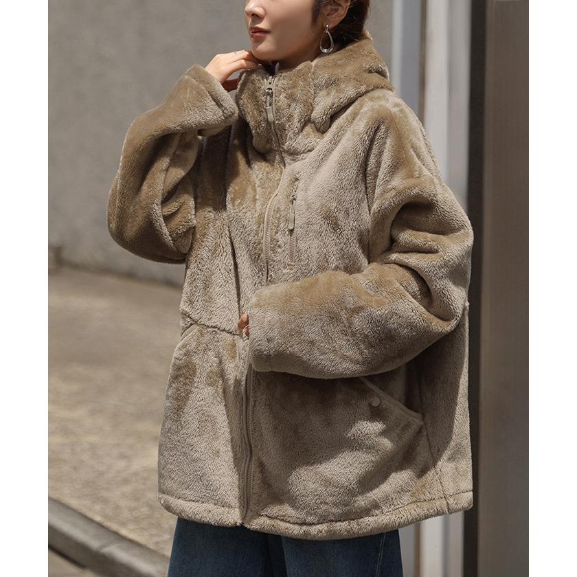 フリース ジャケット パーカー レディース アウター ジャケット ブルゾン 防風 防寒 防寒着 ロング フード付き ハイネック ジップアップ | HUG.U | 08