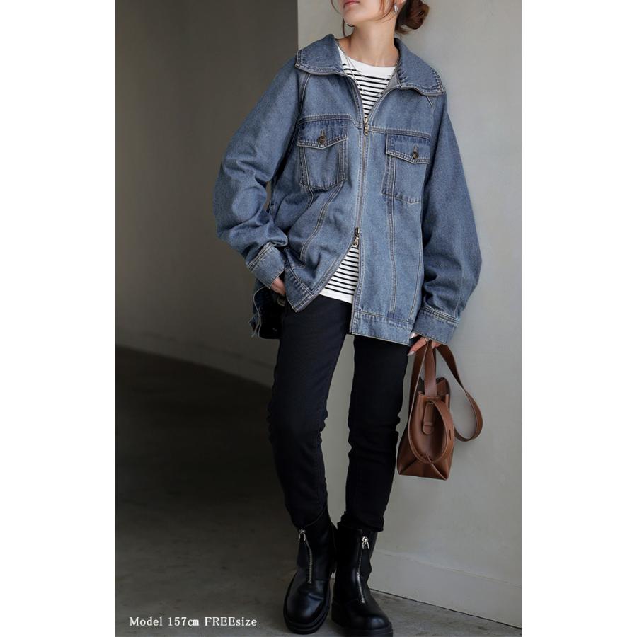 ジャケット デニムジャケット Gジャン レディース デニム アウター ロング 綿 混 2WAY 襟 スタンドカラー ラグラン 長袖 ダブルジップ | HUG.U | 16