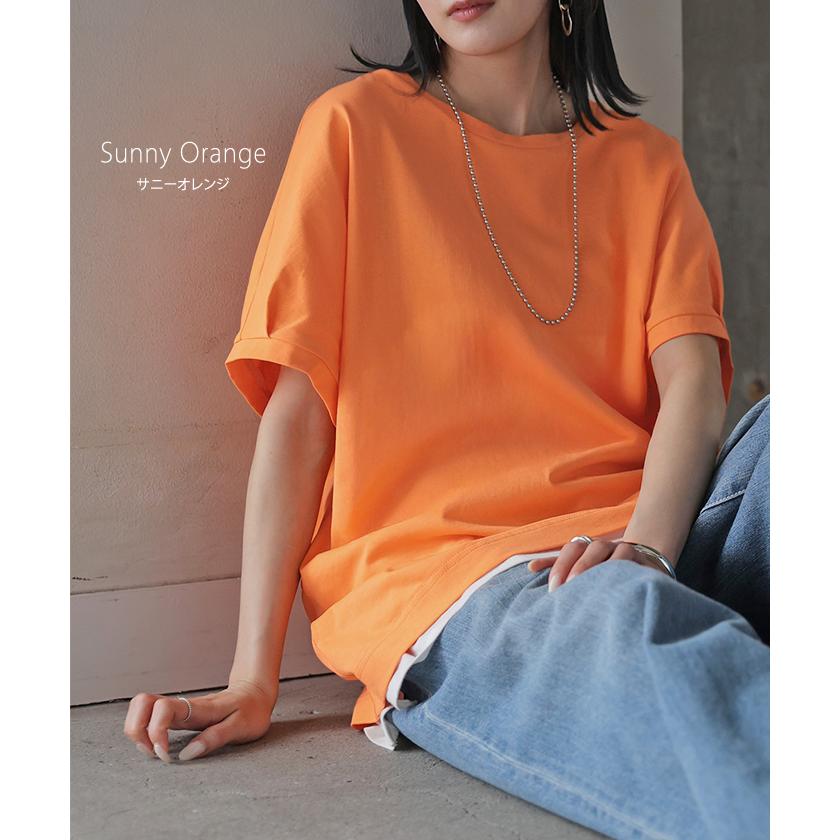 Tシャツ 汗ジミ軽減 綿100 レディース トップス ロング ティーシャツ チュニック プルオーバー オーバー ビッグ クルーネック コットン | HUG.U | 18