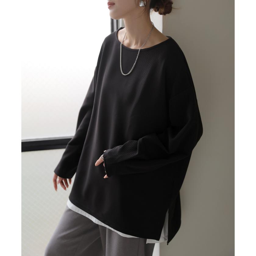 ロンT リップル トップス レディース 長袖 Tシャツ ロング カットソー チュニック 凹凸 無地 チュニック シワになりにくい ドロップショルダー | HUG.U | 11