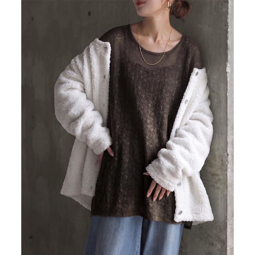 カットソー ロンT シアー トップス レイヤード インナー レディース 長袖 Tシャツ カーリーレース ロング ティーシャツ シアーインナー | HUG.U | 21