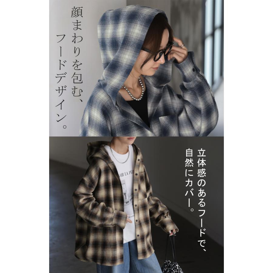 パーカー チェック 綿100 フード付き レディース トップス ロング シャツ チェックシャツ チュニック オーバー プルオーバー フーディー | HUG.U | 20