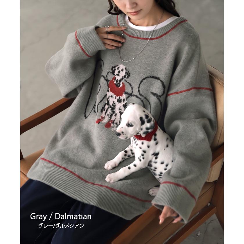 ニット 犬 柄 ロゴ レディース トップス ロング セーター オーバー プルオーバー チュニック クルーネック リブ イヌ アニマル 動物 ダルメシアン | HUG.U | 09