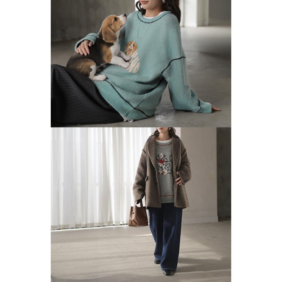 ニット 犬 柄 ロゴ レディース トップス ロング セーター オーバー プルオーバー チュニック クルーネック リブ イヌ アニマル 動物 ダルメシアン | HUG.U | 12