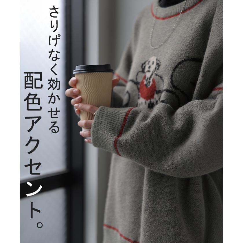 ニット 犬 柄 ロゴ レディース トップス ロング セーター オーバー プルオーバー チュニック クルーネック リブ イヌ アニマル 動物 ダルメシアン | HUG.U | 13