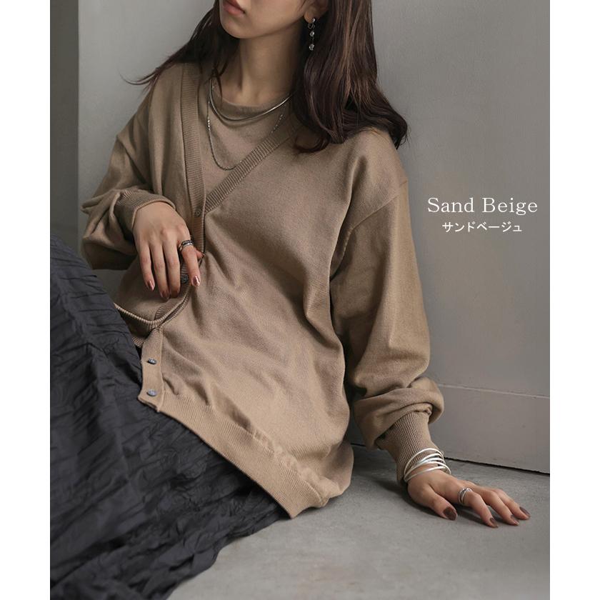 ニット Tシャツ アンサンブル レディース トップス 2点セット ニットT Vネック カーディガン 長袖 半袖 クルーネック ゆったり ロング | HUG.U | 20