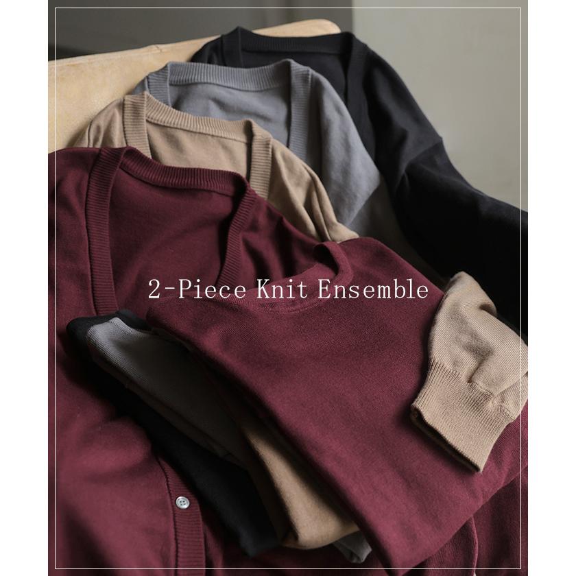 ニット Tシャツ アンサンブル レディース トップス 2点セット ニットT Vネック カーディガン 長袖 半袖 クルーネック ゆったり ロング | HUG.U | 09