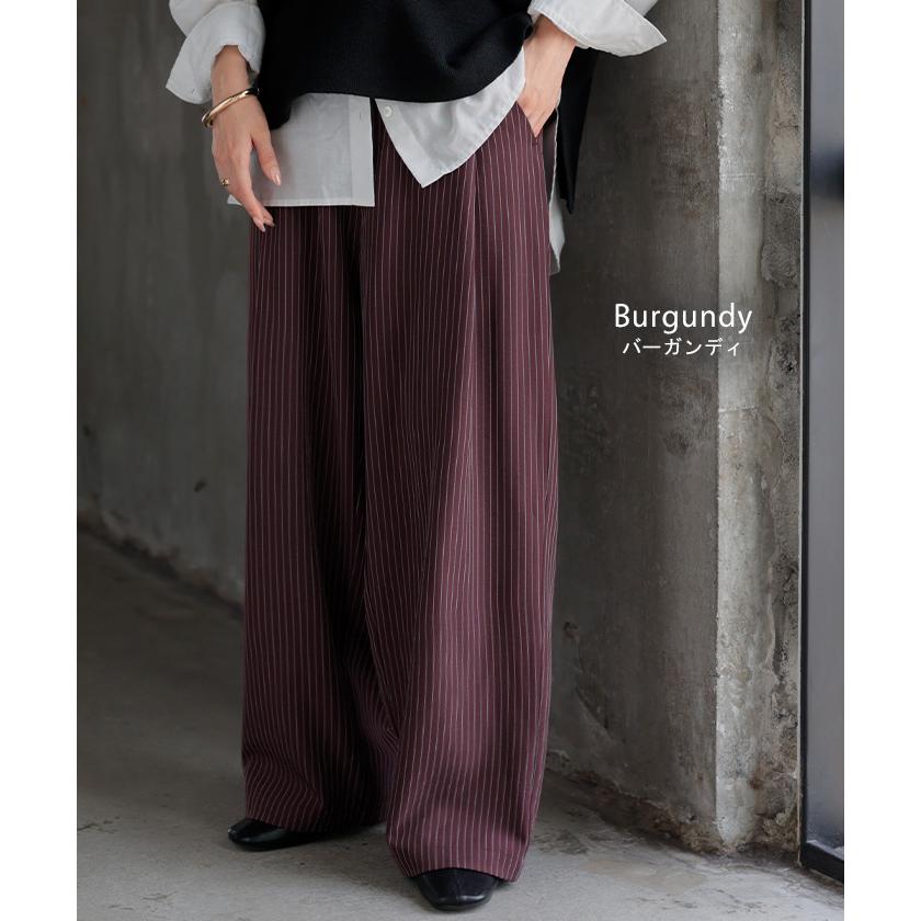 パンツ ワイド ストライプ タックパンツ レディース ロング タック ワイドパンツ ロングパンツ 柄 ボトムス ボトム ストレート ズボン ハイウエスト | HUG.U | 12