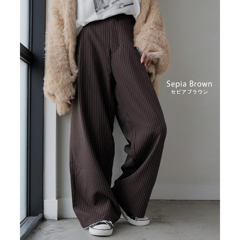 パンツ ワイド ストライプ タックパンツ レディース ロング タック ワイドパンツ ロングパンツ 柄 ボトムス ボトム ストレート ズボン ハイウエスト | HUG.U | 13