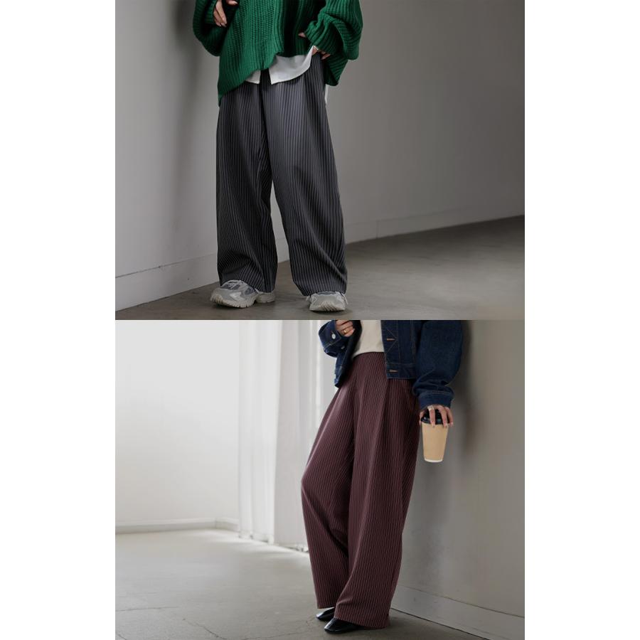 パンツ ワイド ストライプ タックパンツ レディース ロング タック ワイドパンツ ロングパンツ 柄 ボトムス ボトム ストレート ズボン ハイウエスト | HUG.U | 20