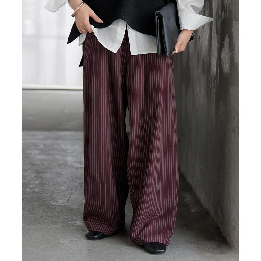 パンツ ワイド ストライプ タックパンツ レディース ロング タック ワイドパンツ ロングパンツ 柄 ボトムス ボトム ストレート ズボン ハイウエスト | HUG.U | 07