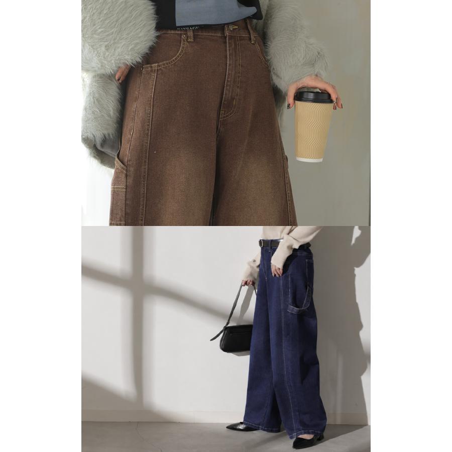 デニム バレルパンツ ストレッチ レディース パンツ ロング ワイド デニムパンツ バレルレッグ カーブパンツ ジーンズ ジーパン ハイウエスト ウエストゴム | HUG.U | 18
