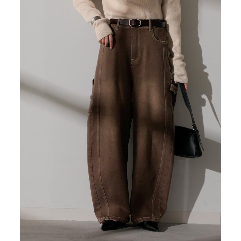 デニム バレルパンツ ストレッチ レディース パンツ ロング ワイド デニムパンツ バレルレッグ カーブパンツ ジーンズ ジーパン ハイウエスト ウエストゴム | HUG.U | 07