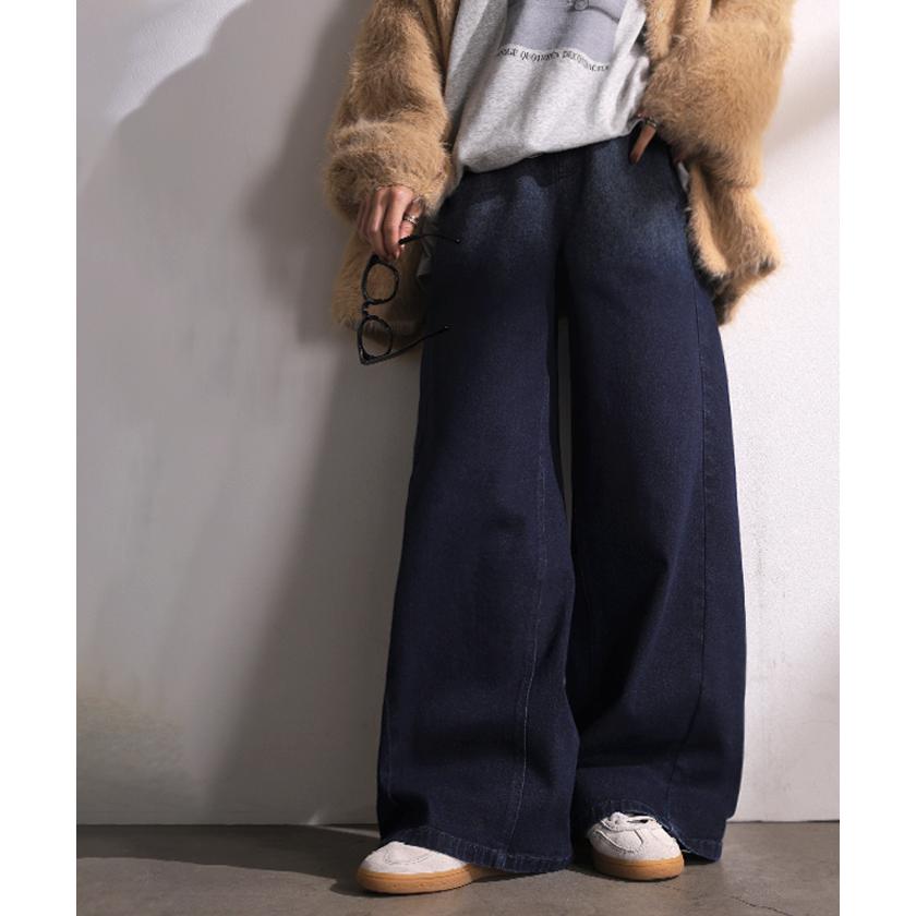 デニム パンツ ジーンズ レディース ボトムス デニムパンツ ロング ワイドパンツ ワイド ジーパン ウエストリブ ウエストゴム ストレッチ | HUG.U | 22