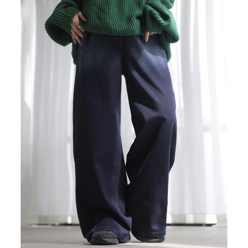 デニム パンツ ジーンズ レディース ボトムス デニムパンツ ロング ワイドパンツ ワイド ジーパン ウエストリブ ウエストゴム ストレッチ | HUG.U | 06