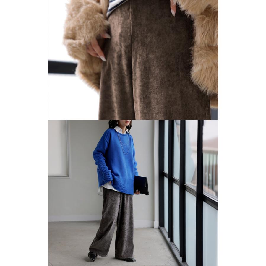 パンツ シェニール ワイド ベロア 風 レディース ワイドパンツ ロング ロングパンツ ボトムス ストレート ウエストゴム ストレッチ イージーパンツ | HUG.U | 23